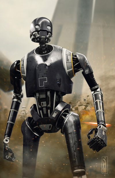 Star Wars droid K2SO stanging amidst a battle scene