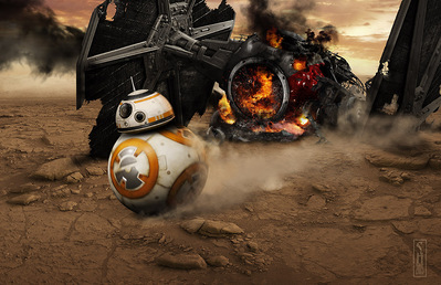 Star Wars droid BB8 on Tatooine racing past a crashed Tie Fighter