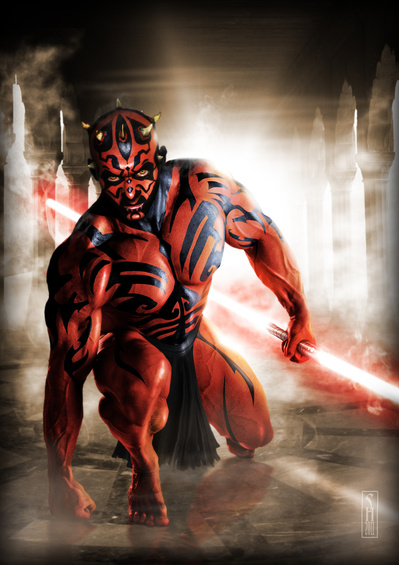 Star Wars character Darth Maul kneeling to his master in a Sith temple