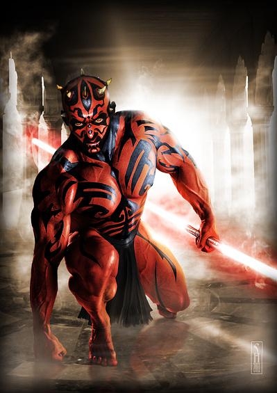 Star Wars character Darth Maul kneeling to his master in a Sith temple