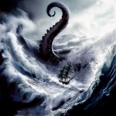 The Kraken sea monster raises a giant tentacle about to attack a masted pirate ship