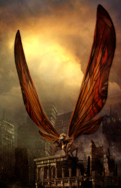 Mothra perched on top of a partially destroyed building in Tokyo