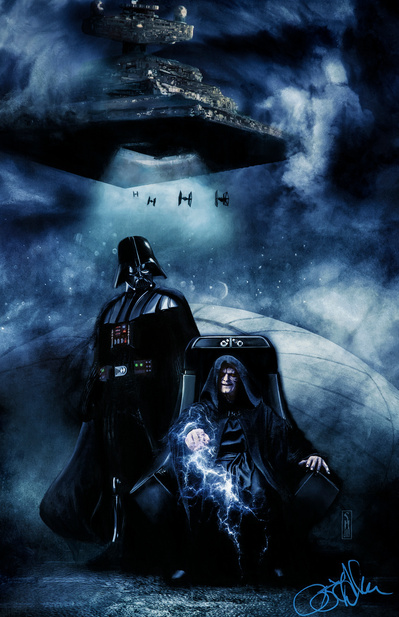 Star Wars characters Darth Sidius and Darth Vader standing in the emperors throne room