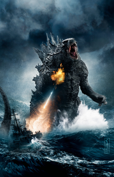 Godzilla in Tokyo Harbor being fired upon by a naval destroyer