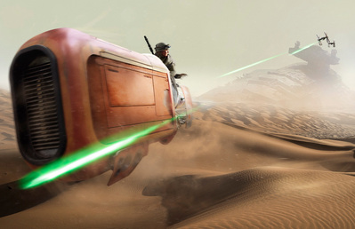 Star Wars character Rey Skywalker riding her speeder across the desert planet of Tatooine while pursued by Tie Fighters