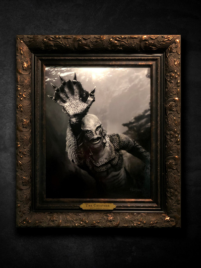 Universal Monsters Creature From The Black Lagoon portrait.
Black and white painting in custom frame with hand carved gold leaf nameplate.
