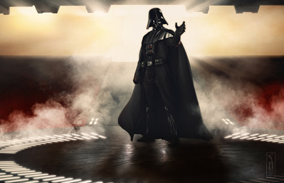 Star Wars Darth Vader in his castle on Mustafar reaching out to use his force powers