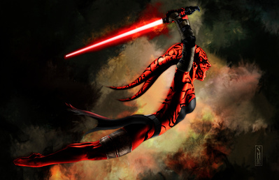 Star Wars character Darth Talon leaping to attack with lightsaber in hand.