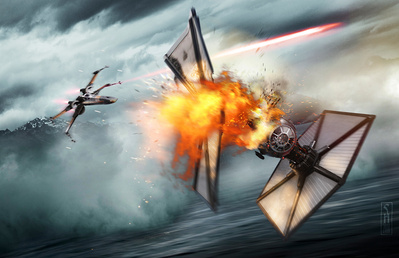 Star Wars Tie Fighter being shot down by a rebel X-Wing Fighter