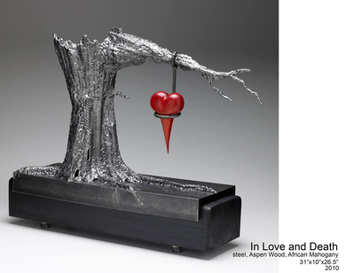 A large steel and wooden sculpture of a dead tree with a mahogany heart hanging from a steel rope, based on the art of Alex Pardee