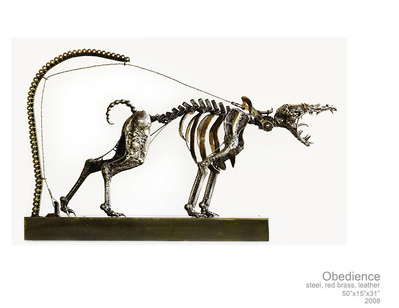 A large steel sculpture of a dog's skeleton made of steel and red brass, the dog is held by a chain and struggles to escape based on the art of Brom