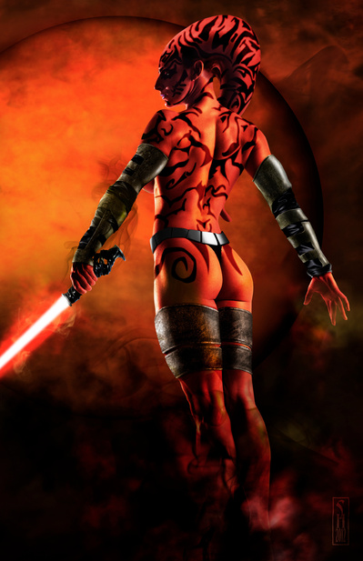 Star Wars character Darth Talon standing and holding a red lightsaber