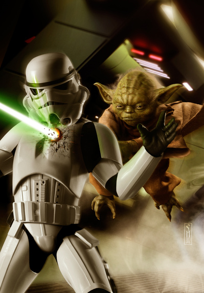 Star Wars character Yoda leaping in attack of a Stormtrooper