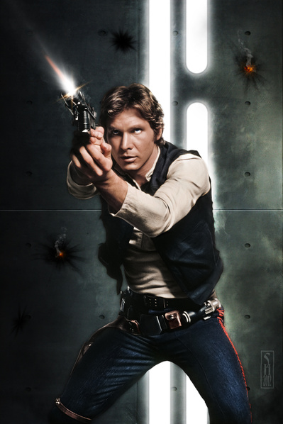 Star Wars character Han Solo firing his blaster pistol while standing in a hallway of the Death Star