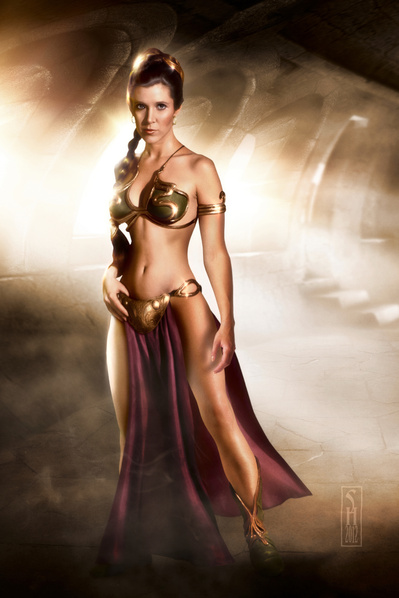 Star Wars character Leia Organa dressed as a slave on board Jabba the Hut's Sailbarge