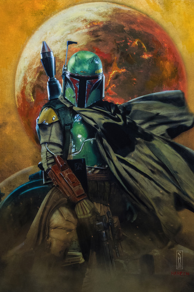 Star Wars character Boba Fett standing in front of his ship Slave One with a planet behind