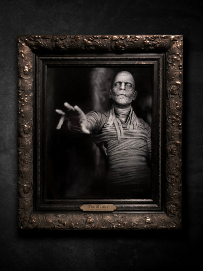 Universal Monsters The Mummy portrait.
Black and white painting in custom frame with hand carved gold leaf nameplate.