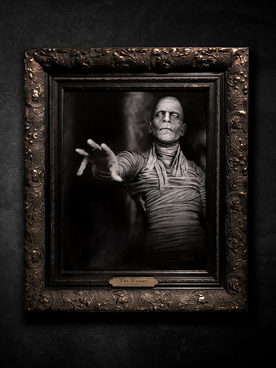 Universal Monsters The Mummy portrait.
Black and white painting in custom frame with hand carved gold leaf nameplate.