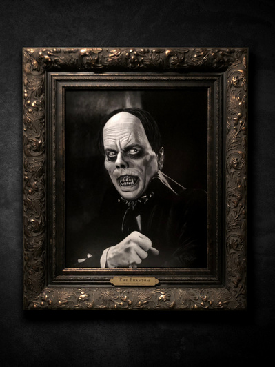Universal Monsters The Phantom of the Opera. Black and white portrait in custom frame with carved wood and gold leafed label