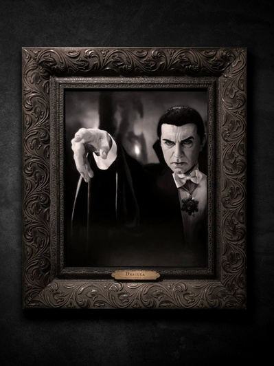 Universal Monsters Dracula portrait.
Black and white painting in custom frame with hand carved gold leaf nameplate.