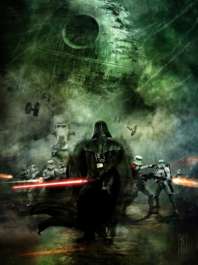 Star Wars Darth Vader leading an army of Stormtroopers in battle