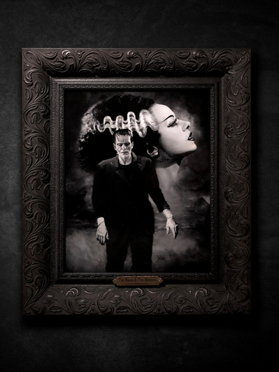 Universal Monsters The Bride & The Monster from the Bride of Frankenstein portrait.
Black and white painting in custom frame with hand carved gold leaf nameplate.