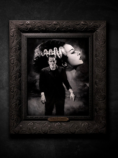 Universal Monsters The Bride & The Monster from the Bride of Frankenstein portrait.
Black and white painting in custom frame with hand carved gold leaf nameplate.
