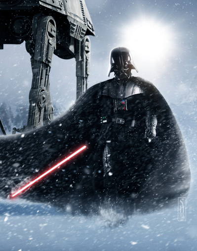 Star Wars Darth Vader walking through the snow on the Ice Planet of Hoth
