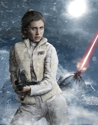 Star Wars character Princess Leia standing on planet Hoth with a blaster rifle, a planetary defense canon firing in the background