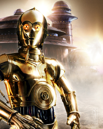 Star Wars droid C3PO in portrait standing in front of Jabba the Hut's fortress