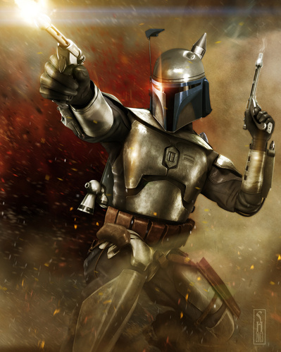 Star Wars character Jango Fett in battle firing two blasters pistols