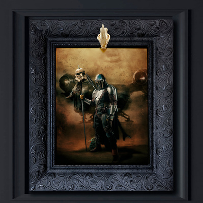 Star Wars character The Mandalorian and the Child standing in front of his ship The Razor Crest. Full color oil painting in custom frame with Mudhorn skull decoration mounted to frame.