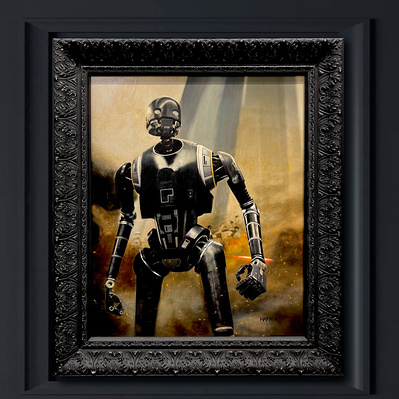 Star Wars droid K2SO standing defiantly in the middle of a battle scene. Full color painting in custom frame.
