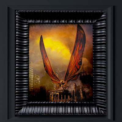 From the world of Godzilla this painting of Mothra standing atop a half destroyed building in downtown Tokyo.
Full color oil painting in custom frame.