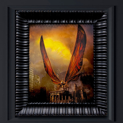 From the world of Godzilla this painting of Mothra standing atop a half destroyed building in downtown Tokyo.
Full color oil painting in custom frame.