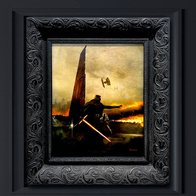 Star Wars character Kylo Ren leading storm trooper in battle holding his lightsaber. Full color painting in custom frame.