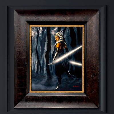 Star Wars Ashoka standing in a dark forest ready to strike with her lightsabers