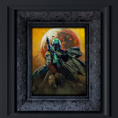 Bounty Hunter Boba Fett standing in front of his ship the Slave One. Full color oil painting in custom frame.