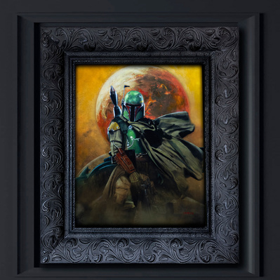 Bounty Hunter Boba Fett standing in front of his ship the Slave One. Full color oil painting in custom frame.