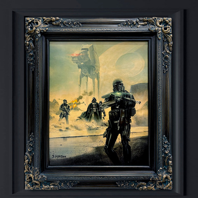 Star Wars Darth Vader leads Dark Troopers ashore on a beach while an ATAT Walker wades in behind them with a Death Star orbiting.
Full color oil painting in custom frame.