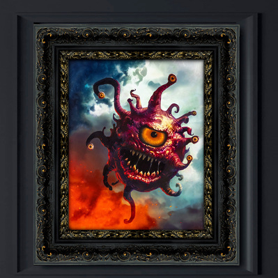 A Dungeons and Dragons Beholder floating in the air