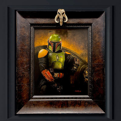 Star Wars Bounty Hunter Boba Fett sitting upon his throne from the show The Book of Boba Fett. Full color oil painting in custom frame with Mythasaur skull mounted to frame.