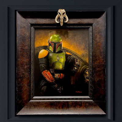 Star Wars Bounty Hunter Boba Fett sitting upon his throne from the show The Book of Boba Fett. Full color oil painting in custom frame with Mythasaur skull mounted to frame.