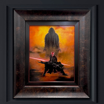 Star Wars character Darth Maul in battle stance in front of a metaphor for the Dark Side. Full color painting in custom frame.