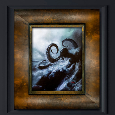 A massive monster octopus  rising out of a stormy sea