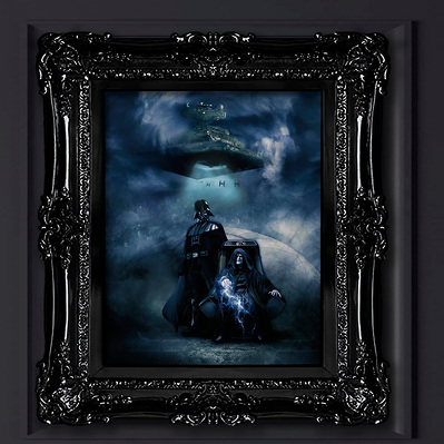Star Wars character Emperor Palpatine sitting on his throne with force energy lightning coming from his hands. Darth Vader stands defiantly beside him.
Full color painting in custom frame.