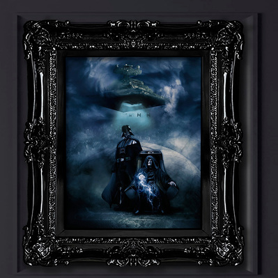 Star Wars character Emperor Palpatine sitting on his throne with force energy lightning coming from his hands. Darth Vader stands defiantly beside him.
Full color painting in custom frame.
