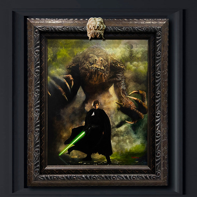 Star Wars character Luke Skywalker standing in front of a large Rancor Beast with Lightsaber drawn.
Full color painting in custom frame with Rancor Skull decoration mounted on frame.