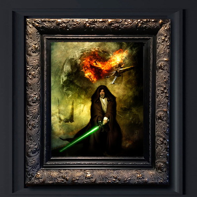 Star Wars character Luke Skywalker in his later years standing with Lightsaber drawn. Darth Vader's profile behind him with various space ships.
Full color oil painting in custom frame.
