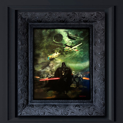 Star Wars Darth Vader leading troopers in battle while the Millennium Falcon flies away with Tie Fighters giving chase.
Full color oil painting in custom frame.